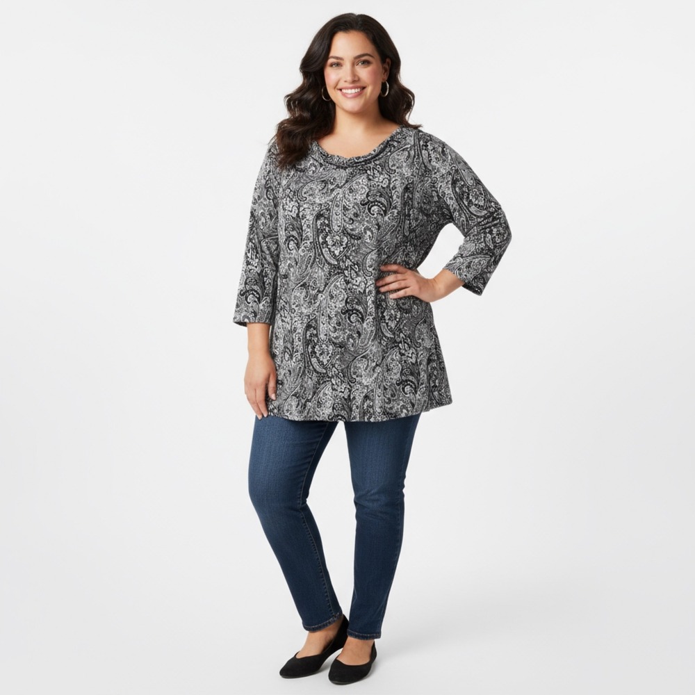 Catherines Women's 2X Black White Paisley Print‎ Long Sleeve Tunic Top